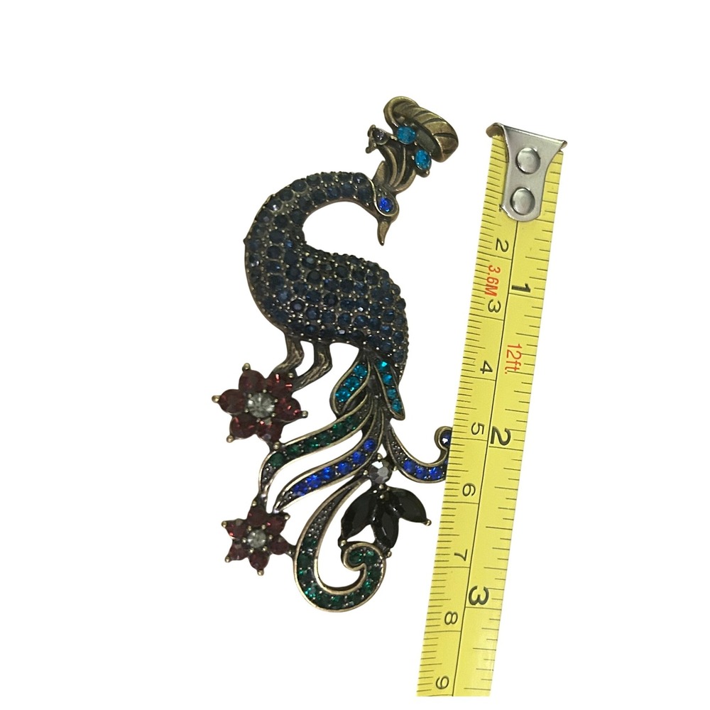 Bronze Peacock Pendant Blue Red Green Rhinestone Statement Bird Charm#755 - Picture 3 of 5